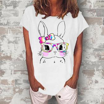 Cute Bunny Rabbit Face Tie Dye Glasses Girl Happy Easter Day Women's Loosen Crew Neck Short Sleeve T-Shirt | Favorety