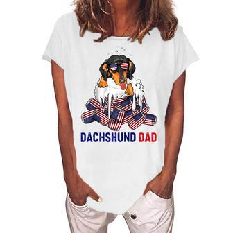 Dachshund Dad Beer Drinking 4Th Of July Us Flag Patriotic Women's Loosen T-shirt - Seseable
