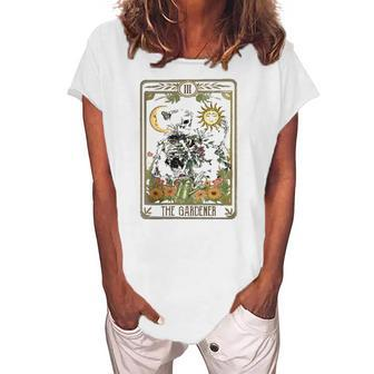Womens Floral Skeleton Gardening Tarot The Gardener Plant Lovers Women's Loosen T-Shirt | Mazezy