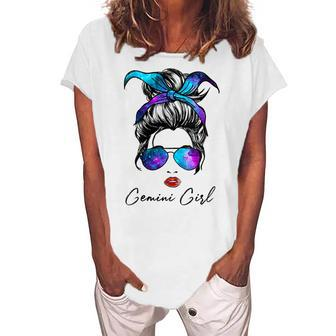 Womens Gemini Girl Zodiac Sign Horoscope Birthday Messy Bun Galaxy Women's Loosen T-shirt - Seseable