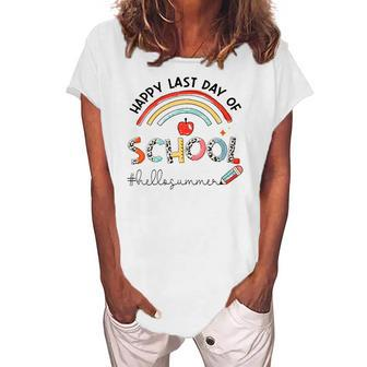 Womens Happy Last Day Of School Leopard Rainbow Hello Summer Women's Loosen T-Shirt | Mazezy DE