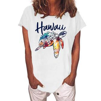 Hawaii Sea Turtle Hawaiian Floral Matching Family Vacation Women's Loosen T-Shirt | Mazezy