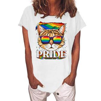 Lgbt Cat Gay Pride Lgbtq Rainbow Flag Sunglasses Women's Loosen T-Shirt | Mazezy