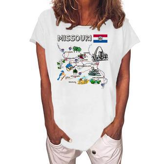 Map Of Missouri Landmarks Major Cities Roads Flag Women's Loosen T-Shirt | Mazezy