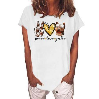 Peace Love Yorkie Dog Lovers Yorkshire Terrier Dad Mom Women's Loosen T-Shirt | Mazezy UK