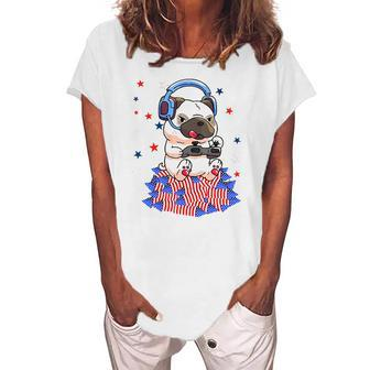 Pug Game Puppy Controller 4Th Of July Boys Kids Video Gamer Women's Loosen T-Shirt | Mazezy