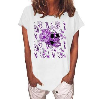Purple Skull Flower Cool Floral Scary Halloween Gothic Theme Women's Loosen T-Shirt | Mazezy