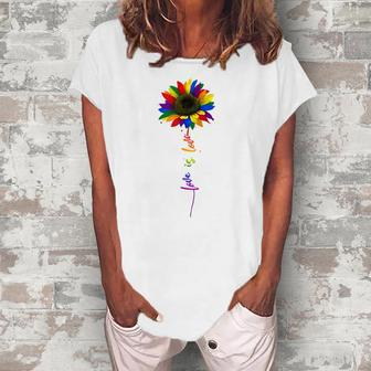Rainbow Sunflower Love Is Love Lgbt Gay Lesbian Pride  Women's Loosen Crew Neck Short Sleeve T-Shirt