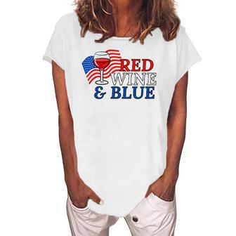 Red Wine & Blue Us Flag 4Th Of July Women's Loosen T-Shirt | Mazezy