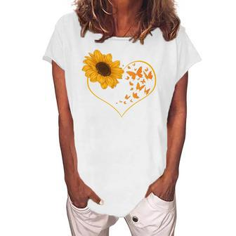 Yellow Flower Sunflowers Heart Butterfly Blossom Sunflower Women's Loosen T-Shirt | Mazezy