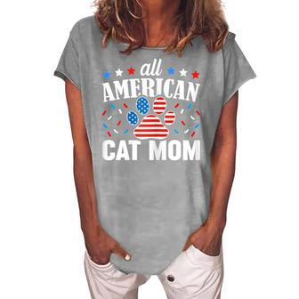 Cat Mom 4Th Of July Patriotic Usa American Flag Cat Lover Women's Loosen T-shirt - Seseable