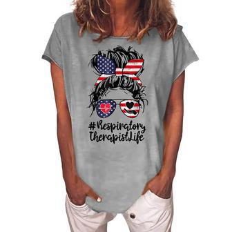 4Th Of July Respiratory Therapist Messy Bun Hair Nurse Women's Loosen T-shirt - Seseable