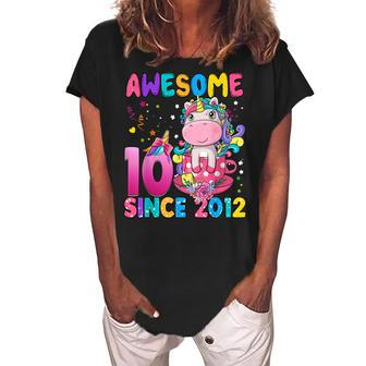 10 Years Old 10Th Birthday Unicorn Girl Awesome Since 2012 Women's Loosen Crew Neck Short Sleeve T-Shirt - Seseable
