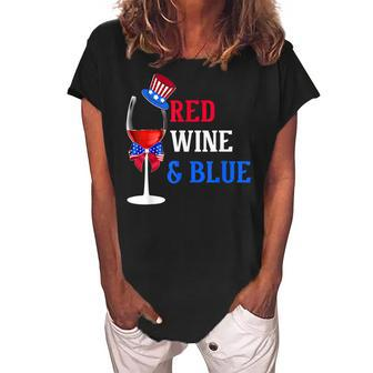 4Th Of July Red White And Blue Wine Glass Firework Drinker Women's Loosen Crew Neck Short Sleeve T-Shirt - Seseable