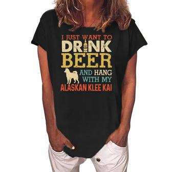Alaskan Klee Kai Dad Drink Beer Hang With Dog Funny Vintage Women's Loosen Crew Neck Short Sleeve T-Shirt | Mazezy