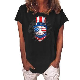 American Baseball Patriotic 4Th Of July Usa Flag Men Women Women's Loosen Crew Neck Short Sleeve T-Shirt | Mazezy