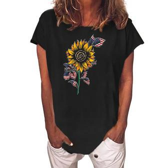 American Flag Sunflower Design Patriotic Usa Flag Sunflower Women's Loosen Crew Neck Short Sleeve T-Shirt | Mazezy