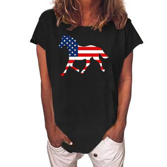 American Patriotic Horse Usa Flag July 4Th Gift Equestrian Women's Loosen Crew Neck Short Sleeve T-Shirt | Mazezy