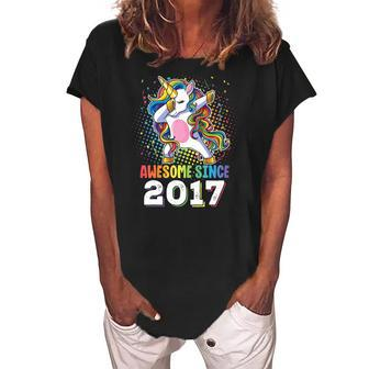 Awesome Since 2017 Girls Boys Dabbing Unicorn Birthday Women's Loosen Crew Neck Short Sleeve T-Shirt | Mazezy