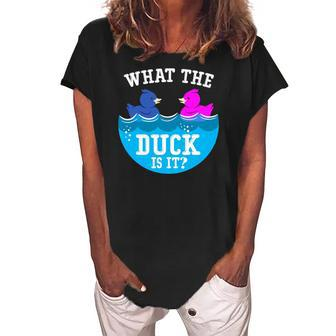 Baby Gender Reveal Party What The Duck Is It Baby Reveal Women's Loosen Crew Neck Short Sleeve T-Shirt | Mazezy