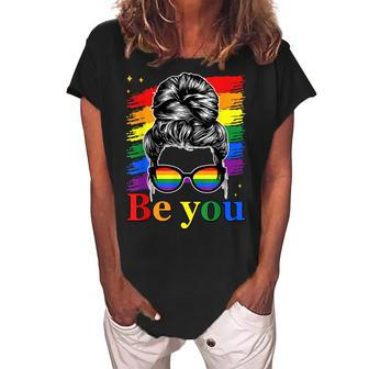 Be You Pride Lgbtq Gay Lgbt Ally Rainbow Flag Woman Face Women's Loosen Crew Neck Short Sleeve T-Shirt | Mazezy