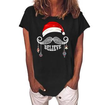 Believe Christmas Santa Mustache With Ornaments - Believe Women's Loosen Crew Neck Short Sleeve T-Shirt