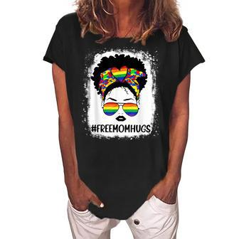 Black Womens Free Mom Hugs Messy Bun Lgbt Pride Rainbow Women's Loosen Crew Neck Short Sleeve T-Shirt | Mazezy