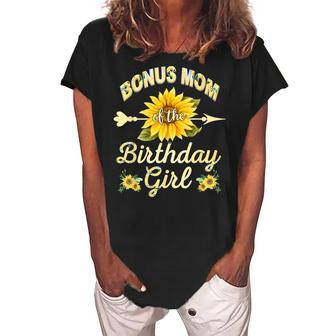 Bonus Mom Of The Birthday Girl Sunflower Family Matching Women's Loosen Crew Neck Short Sleeve T-Shirt - Seseable