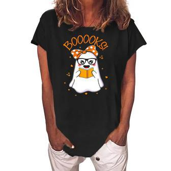 Booooks Cute Ghost Reading Library Books Halloween Teacher Women's Loosen Crew Neck Short Sleeve T-Shirt | Mazezy