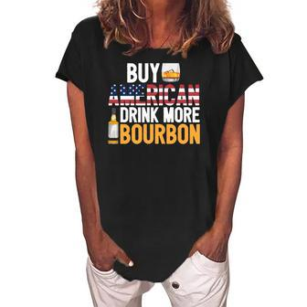 Buy American Drink More Bourbon Funny Whiskey Drinking Women's Loosen Crew Neck Short Sleeve T-Shirt | Mazezy