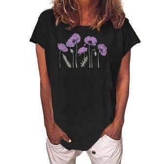 Casual Purple Poppy Flowers Graphic For Women Women's Loosen Crew Neck Short Sleeve T-Shirt | Mazezy