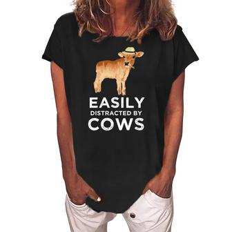 Cow Gifts For Women & Girls Cute Easily Distracted By Cows Women's Loosen Crew Neck Short Sleeve T-Shirt | Mazezy