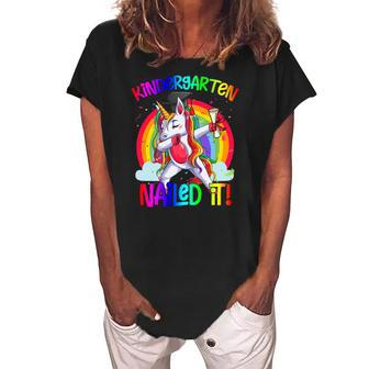 Dabbing Unicorn Kindergarten Graduation Class Of 2022 Rainbow Kids Women's Loosen Crew Neck Short Sleeve T-Shirt | Mazezy