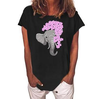 Elephant Hiding Behind Flowers Cute Animal Girls Gift Women's Loosen Crew Neck Short Sleeve T-Shirt | Mazezy