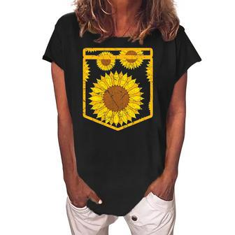 Florist Floral Cute Yellow Flower Pocket Sunflower Women's Loosen Crew Neck Short Sleeve T-Shirt | Mazezy