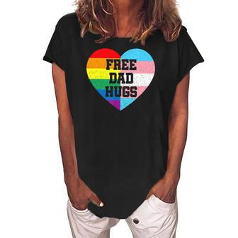 Free Dad Hugs Lgbt Pride Supporter Rainbow Heart For Father Women's Loosen Crew Neck Short Sleeve T-Shirt | Mazezy