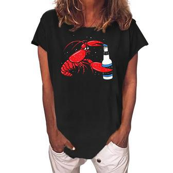 Funny Cajun Crawfish Boil Lobster Drinking Beer Women's Loosen Crew Neck Short Sleeve T-Shirt | Mazezy