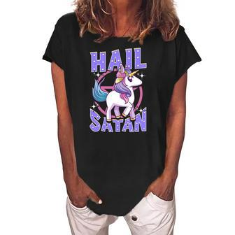 Funny Hail Satan Unicorn Rainbow Satanic Heavy Metal Pun Women's Loosen Crew Neck Short Sleeve T-Shirt | Mazezy