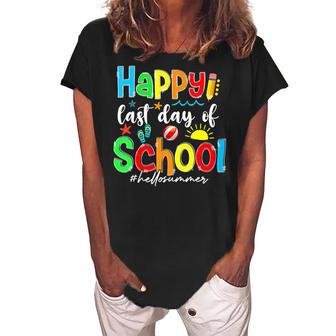 Funny Happy Last Day Of School Hello Summer Multicolored Women's Loosen Crew Neck Short Sleeve T-Shirt | Favorety