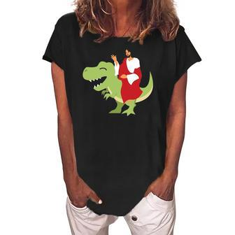 Funny Parody Jesus Riding Dinosaur Cute Meme Dino Gift Women's Loosen Crew Neck Short Sleeve T-Shirt | Mazezy