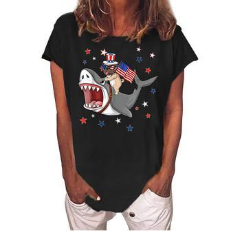 Funny Pug Shark 4Th Of July Dog Mom Dad Puppy Lover Women's Loosen Crew Neck Short Sleeve T-Shirt - Seseable