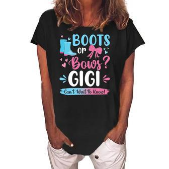 Gender Reveal Boots Or Bows Gigi Matching Baby Party Women's Loosen Crew Neck Short Sleeve T-Shirt | Mazezy