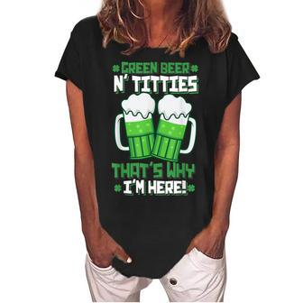 Green Beer Titties Funny St Patrick Day Adult Drinking Women's Loosen Crew Neck Short Sleeve T-Shirt | Mazezy
