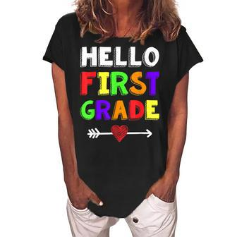Hello First Grade Team 1St Grade Back To School Teacher Kids Women's Loosen Crew Neck Short Sleeve T-Shirt - Seseable