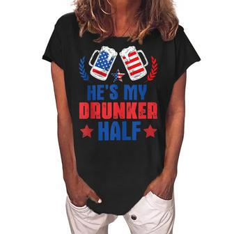 Hes My Drunker Half 4Th July Matching Couples Drinking Women's Loosen Crew Neck Short Sleeve T-Shirt - Seseable
