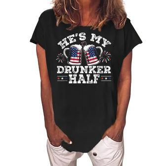 Hes My Drunker Half Funny Beer Couple Matching 4Th Of July Women's Loosen Crew Neck Short Sleeve T-Shirt - Seseable