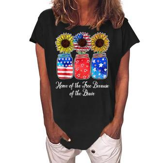 Home Of Free Because Of The Brave Sunflower 4Th July Women's Loosen Crew Neck Short Sleeve T-Shirt - Seseable