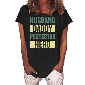 Husband Daddy Protector Hero Fathers Day Tee For Dad Wife Women's Loosen Crew Neck Short Sleeve T-Shirt | Mazezy