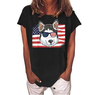Husky Dad & Mom American Flag 4Th Of July Usa Siberian Husky Women's Loosen Crew Neck Short Sleeve T-Shirt - Seseable