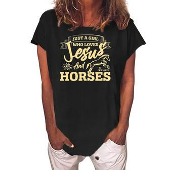 Jesus And Horses Horse Lover Girls Women Horseback Riding Women's Loosen Crew Neck Short Sleeve T-Shirt | Mazezy